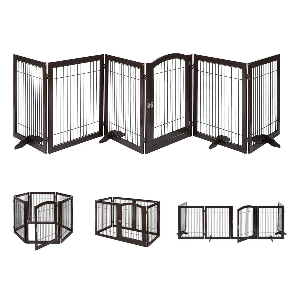 unipaws Pet Playpen with Wood and Wire, 6 Panels Extra Wide Freestanding Walk Through Dog Gate with 4 Support Feet, Foldable Stairs Barrier Pet Exercise Pen for Dogs Cats