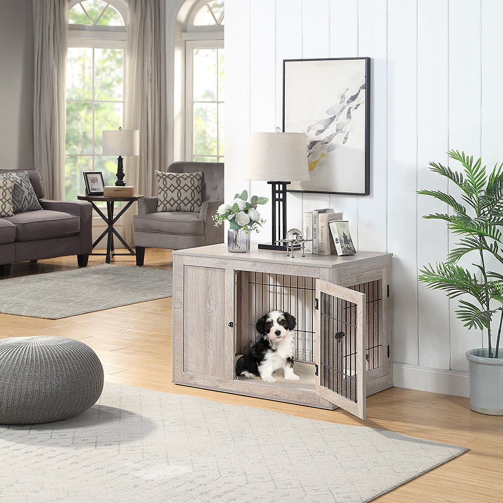 unipaws Furniture Style Dog Crate End Table with Cushion, Wooden Wire Pet Kennels with Double Doors, Medium and Large Dog House Indoor Use