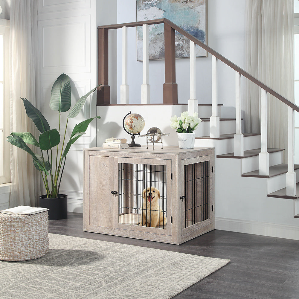 unipaws Furniture Style Dog Crate End Table with Cushion, Wooden Wire Pet Kennels with Double Doors, Medium and Large Dog House Indoor Use