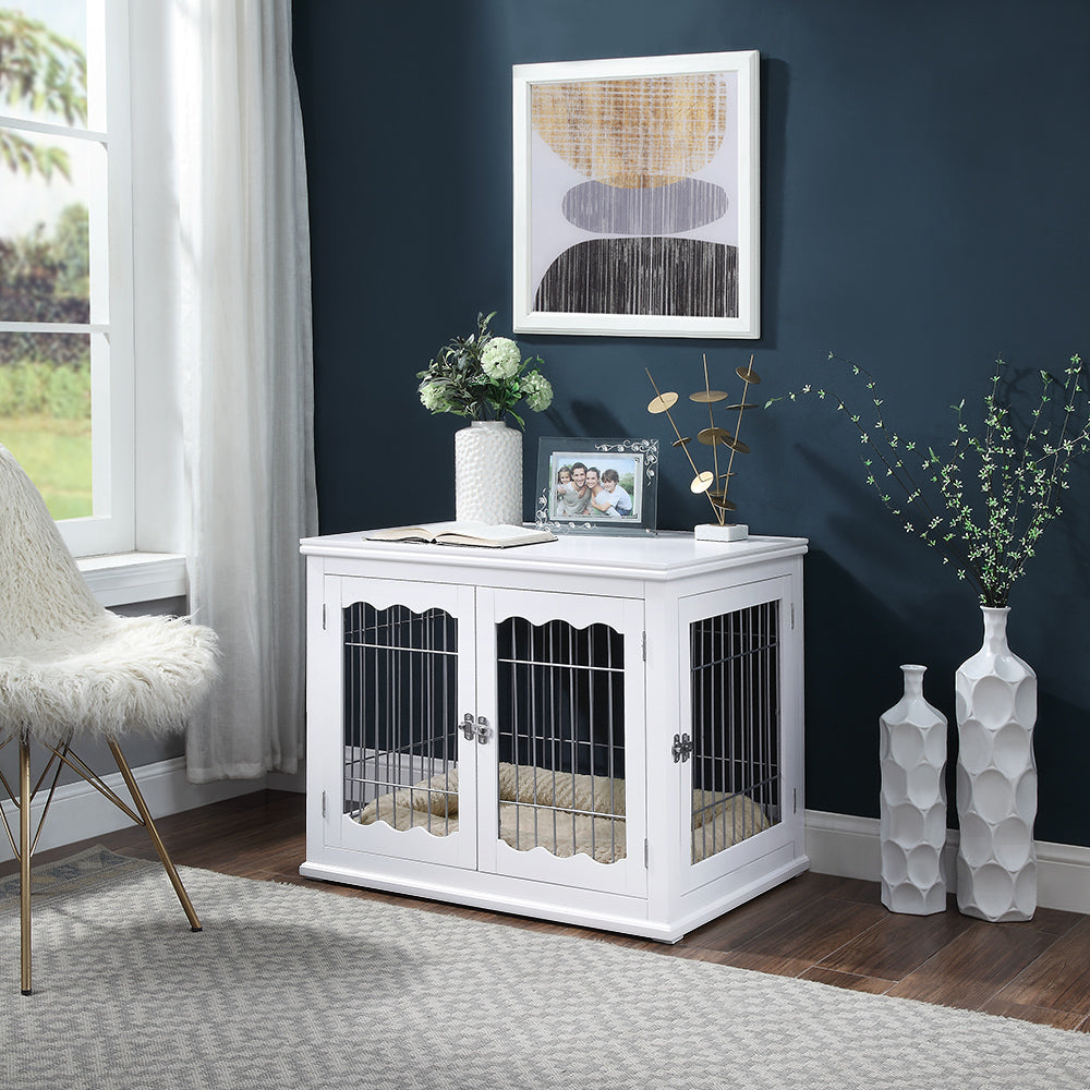 unipaws Furniture Style Dog Crate End Table with Cushion, Wooden Wire Pet Kennels with Double Doors, Medium and Large Dog House Indoor Use