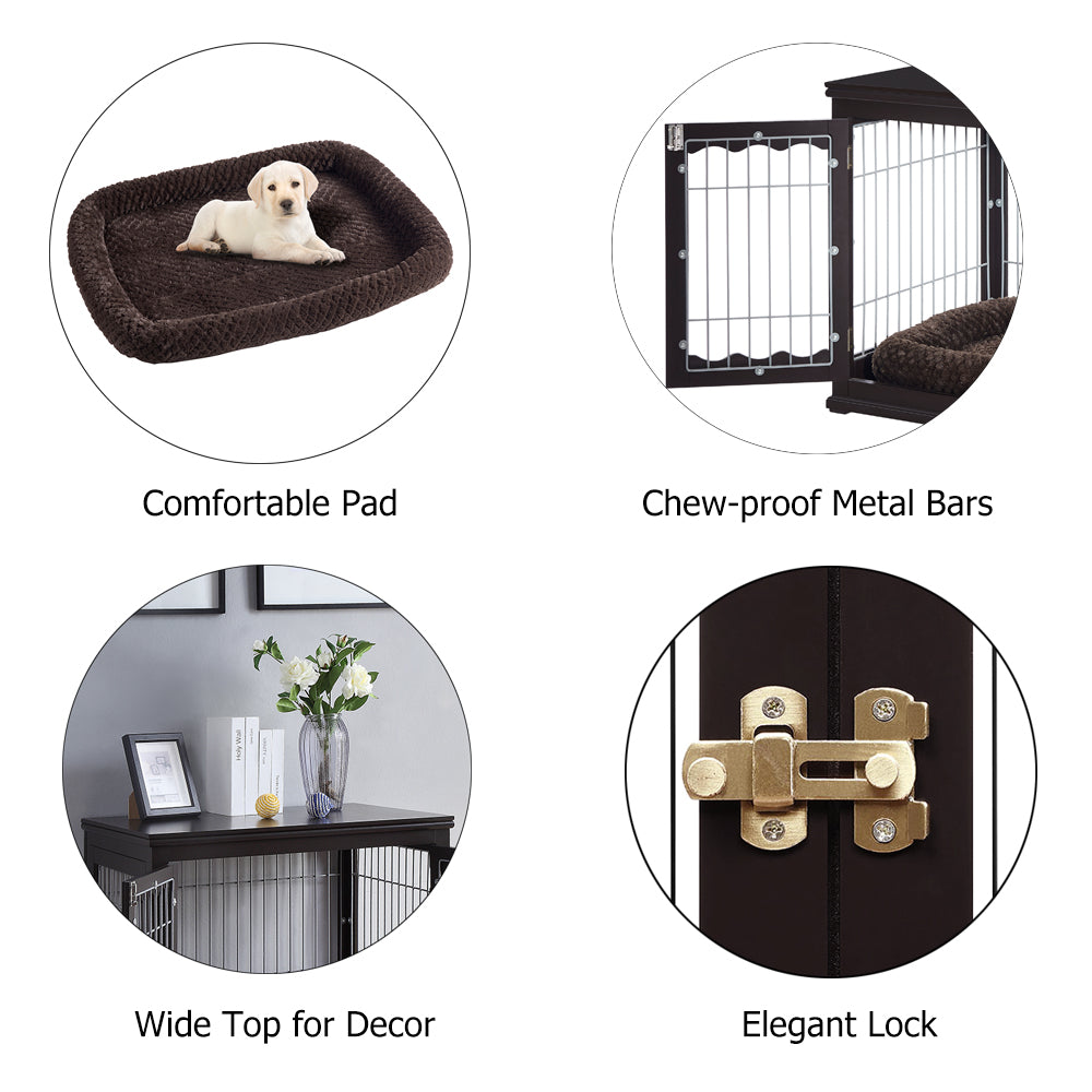 unipaws Furniture Style Dog Crate End Table with Cushion, Wooden Wire Pet Kennels with Double Doors, Medium and Large Dog House Indoor Use