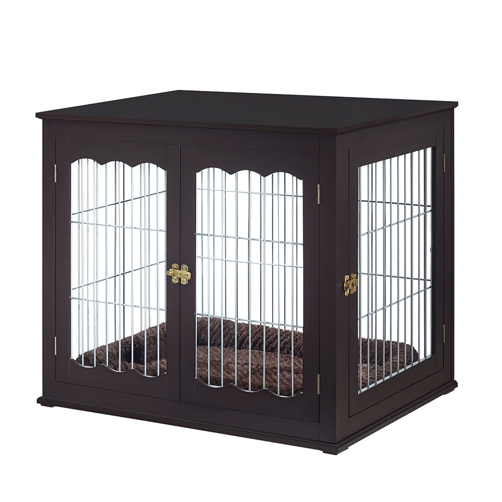 unipaws Furniture Style Dog Crate End Table with Cushion, Wooden Wire Pet Kennels with Double Doors, Medium and Large Dog House Indoor Use