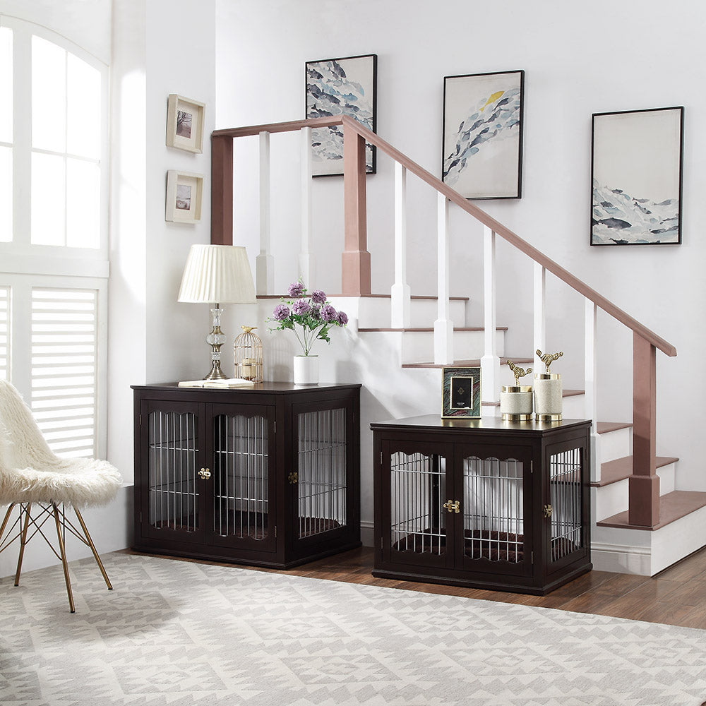 unipaws Furniture Style Dog Crate End Table with Cushion, Wooden Wire Pet Kennels with Double Doors, Medium and Large Dog House Indoor Use