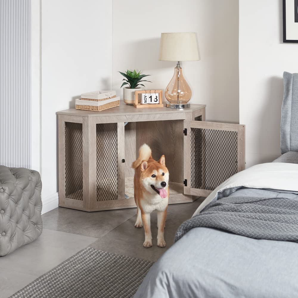 unipaws Furniture Corner Dog Crate with Cushion, Dog Kennel with Wood and Mesh, Dog House, Pet Crate Indoor Use, Perfect for Limited Room