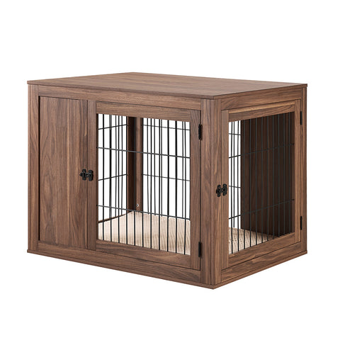 unipaws Furniture Style Dog Crate End Table with Cushion, Wooden Wire Pet Kennels with Double Doors, Medium and Large Dog House Indoor Use