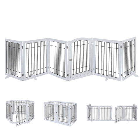 unipaws Pet Playpen with Wood and Wire, 6 Panels Extra Wide Freestanding Walk Through Dog Gate with 4 Support Feet, Foldable Stairs Barrier Pet Exercise Pen for Dogs Cats