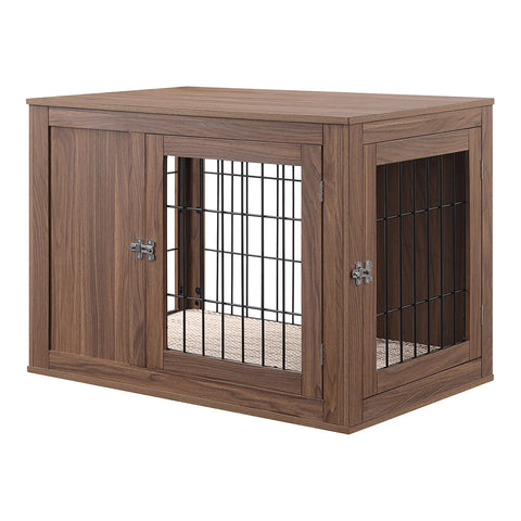 unipaws Furniture Style Dog Crate End Table with Cushion, Wooden Wire Pet Kennels with Double Doors, Medium and Large Dog House Indoor Use