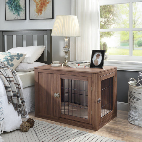 unipaws Furniture Style Dog Crate End Table with Cushion, Wooden Wire Pet Kennels with Double Doors, Medium and Large Dog House Indoor Use