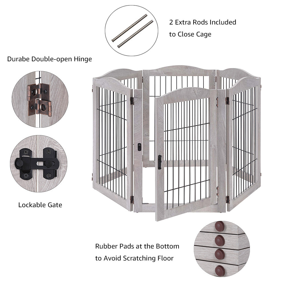 unipaws Pet Playpen with Wood and Wire, 6 Panels Extra Wide Freestanding Walk Through Dog Gate with 5 Support Feet, Foldable Stairs Barrier Pet Exercise Pen for Dogs Cats