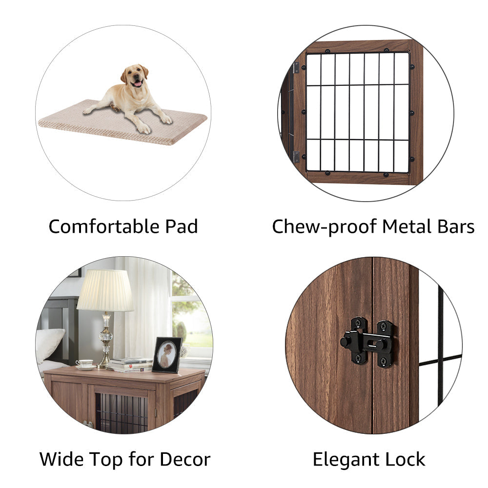 unipaws Furniture Style Dog Crate End Table with Cushion, Wooden Wire Pet Kennels with Double Doors, Medium and Large Dog House Indoor Use