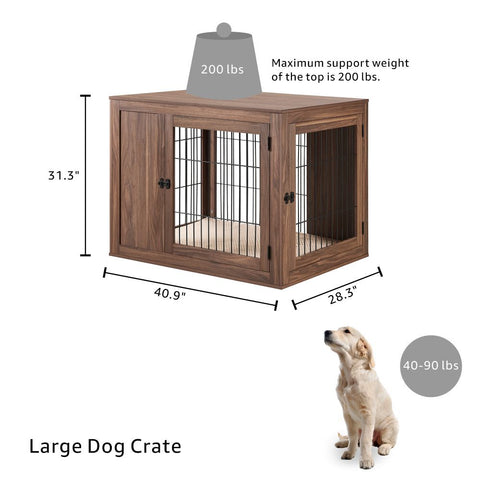 unipaws Furniture Style Dog Crate End Table with Cushion, Wooden Wire Pet Kennels with Double Doors, Medium and Large Dog House Indoor Use