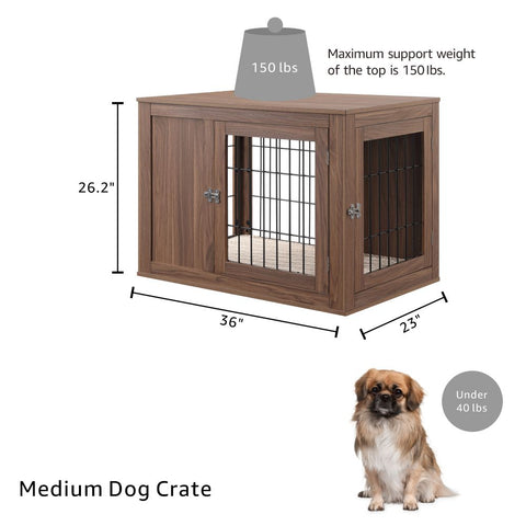 unipaws Furniture Style Dog Crate End Table with Cushion, Wooden Wire Pet Kennels with Double Doors, Medium and Large Dog House Indoor Use