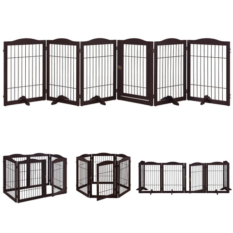 unipaws Pet Playpen with Wire Extra Wide 6 Panels with Walk Through Door and 5 Support Feet, Espresso