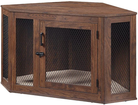 unipaws Furniture Corner Dog Crate with Cushion, Dog Kennel with Wood and Mesh, Dog House, Pet Crate Indoor Use, Perfect for Limited Room