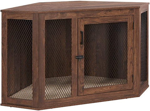 unipaws Furniture Corner Dog Crate with Cushion, Dog Kennel with Wood and Mesh, Dog House, Pet Crate Indoor Use, Perfect for Limited Room