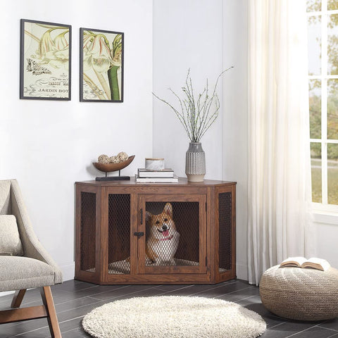 unipaws Furniture Corner Dog Crate with Cushion, Dog Kennel with Wood and Mesh, Dog House, Pet Crate Indoor Use, Perfect for Limited Room