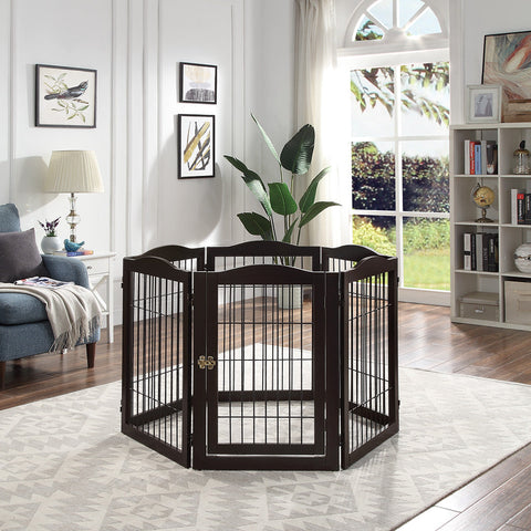 unipaws Pet Playpen with Wire Extra Wide 6 Panels with Walk Through Door and 5 Support Feet, Espresso