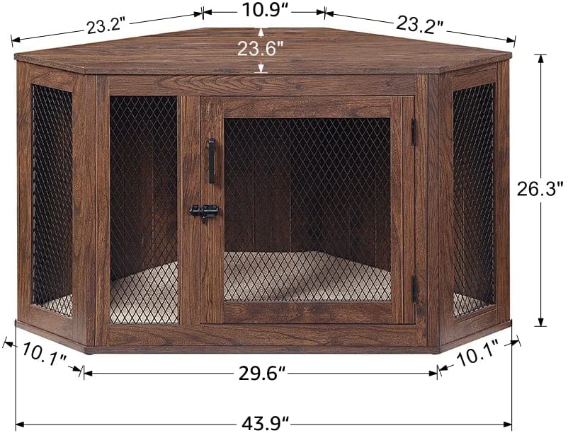 unipaws Furniture Corner Dog Crate with Cushion, Dog Kennel with Wood and Mesh, Dog House, Pet Crate Indoor Use, Perfect for Limited Room