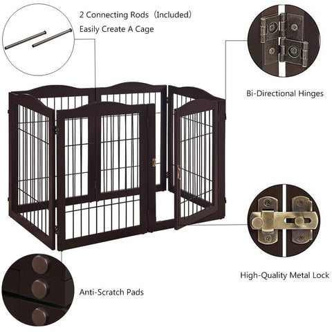 unipaws Pet Playpen with Wire Extra Wide 6 Panels with Walk Through Door and 5 Support Feet, Espresso