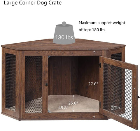 unipaws Furniture Corner Dog Crate with Cushion, Dog Kennel with Wood and Mesh, Dog House, Pet Crate Indoor Use, Perfect for Limited Room